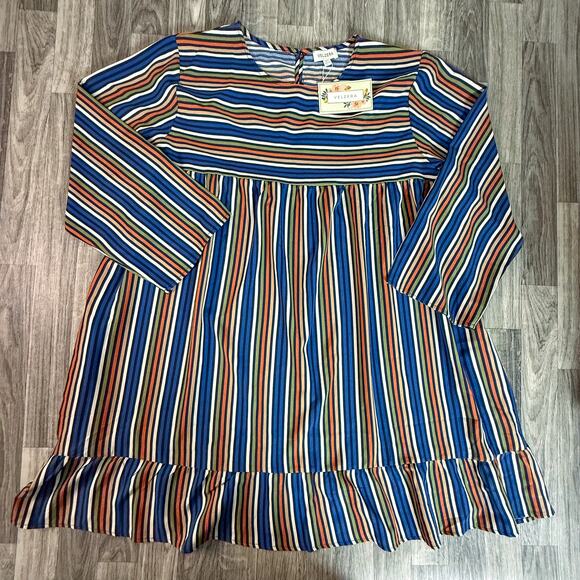 Velzera NWT 3XL Blue Multi Stripe Long Sleeve Ruffle Hem Tunic Dress Boho - Picture 1 of 8